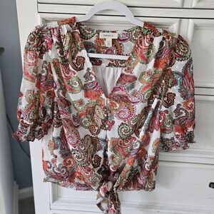 Vibrant Paisley Tie Front Blouse - Multicolor